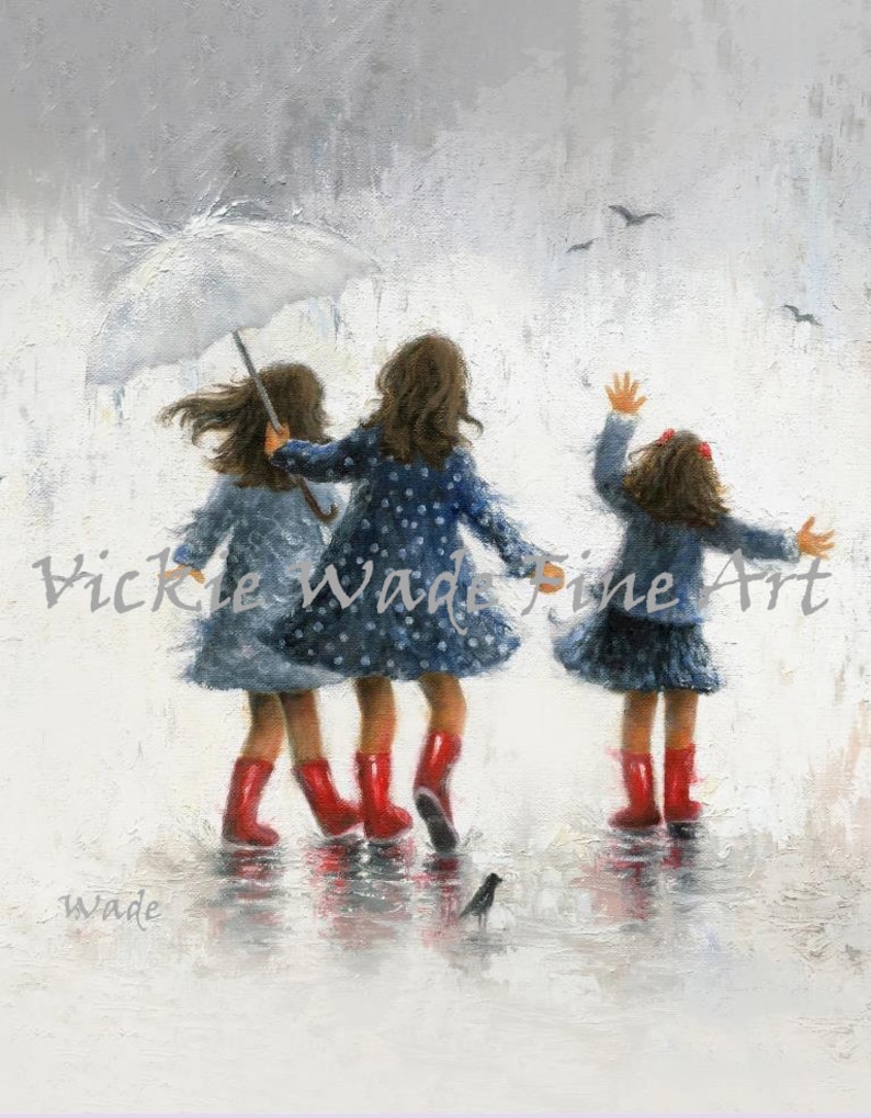Three Sisters Rain Art Print, three girls paintings, three rain sisters, sisters paintings, girls room art, three daughters, Vickie Wade Art image 2