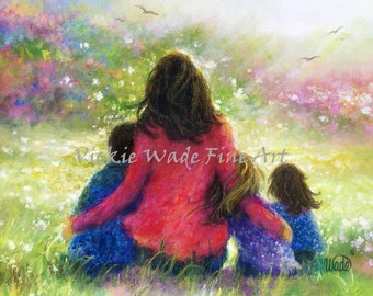 Mother Son Two Daughters Art Print, mother three children, garden mother, gift for mom, wall art, curly redhead mother, Vickie Wade art