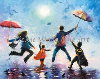 Two Boys Super Hero Art Print, two brothers, happy family dad mom, super hero kids, rain family art, two sons paintings, Vickie Wade