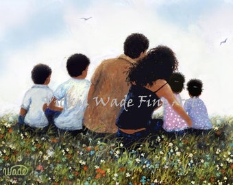 African American Family Two Sons Two Daughters Art Print, black family four children, two boys two girls black wall art, Vickie Wade Art