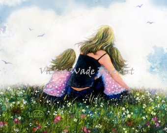 Mother and Two Daughters Hugging Art Print, blonde mother and daughters, two blonde sisters, blonde girls, mother's day gift Vickie Wade Art