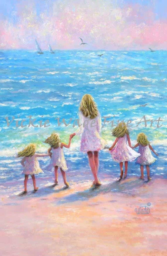 Mother and Four Daughters Beach Art Print: Blonde Sisters by