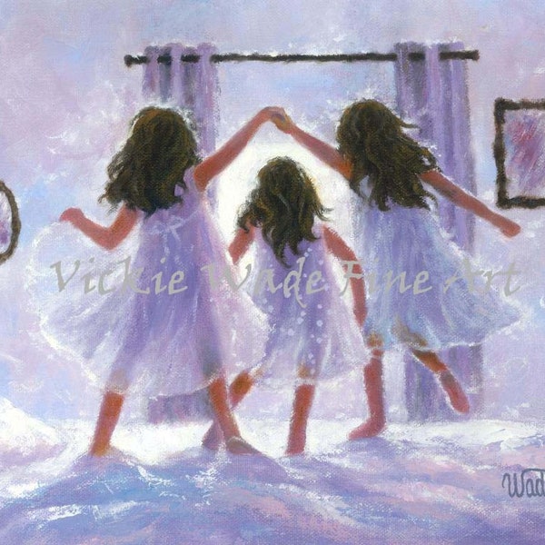 Three Sisters Art Print, jumping on the bed, three girls, bedroom wall art, brunette sisters, London bridges falling down,  Vickie Wade art