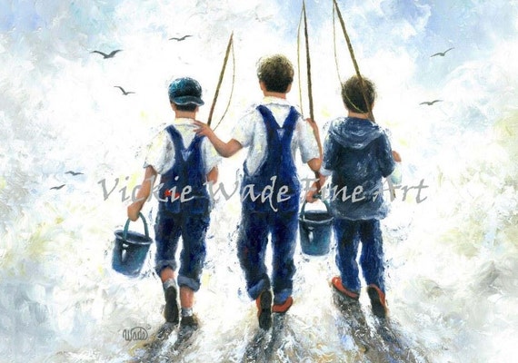 Three Boys Art Print, Three Brothers Going Fishing, Paintings, Navy Blue  Boys Room Wall Art, Farm Boys, Country Boys Walking, Vickie Wade 