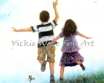 Brother and Sister Art Print, boy and girl, running leaping meadow, big brother little sis, two children, son and daughter, Vickie Wade Art