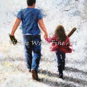 Father Daughter Baseball Art Print, dad and daughter walking holding hands softball painting, baseball mitt and glove, Vickie Wade Art image 2