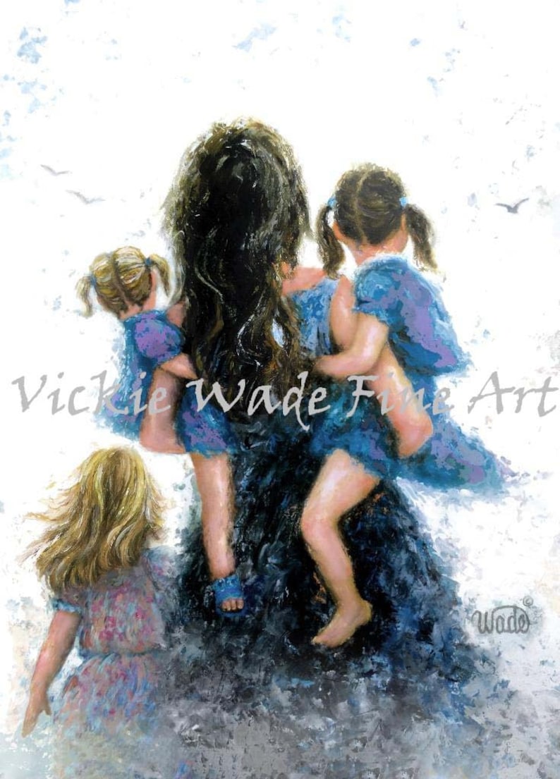Mother Three Daughters Art Print, mother paintings, blonde mom three girls, carrying daughters, three sisters, gift, girls room, Vickie Wade image 2