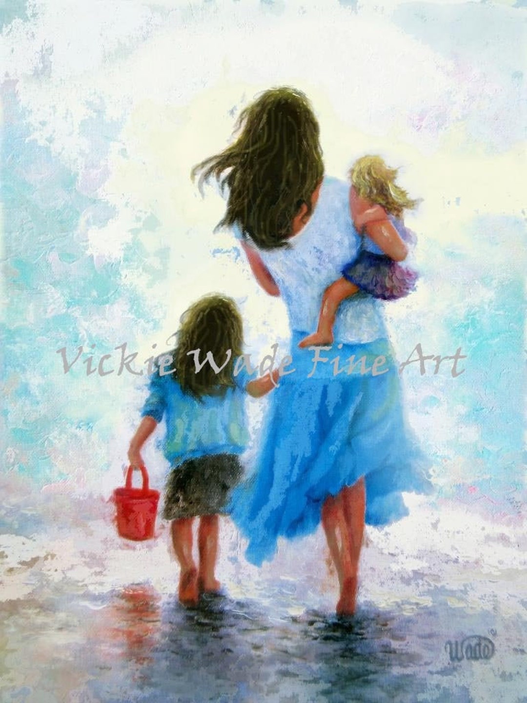 Mother Two Daughters Beach Art Print Two Sisters Brunette picture photo