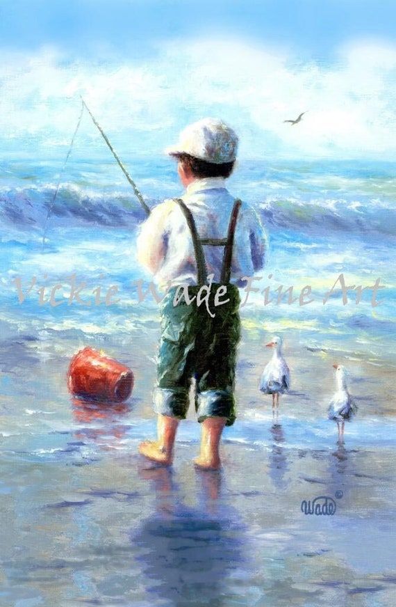 Beach Boy Art Print, Beach Boy, Fishing Boy Art Prints, Blue, Ocean, Beach,  Little Boy Fishing, Seagulls, Wall Art, Vickie Wade Art -  Norway