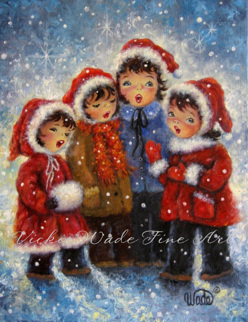 Four Sisters Singing Art Print, four daughters, four girls singing, Christmas Carolers, carols red capes, Vickie Wade Christmas art image 1