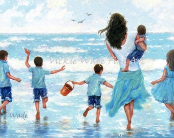 Beach Mother Four Sons and Daughter Art Print, five children, four brothers, mom, four beach boys paintings, beach children, Vickie Wade Art