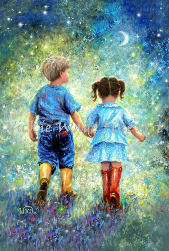 Brother Sister Twilight Walk Art Print: Starry Night Moon - Etsy