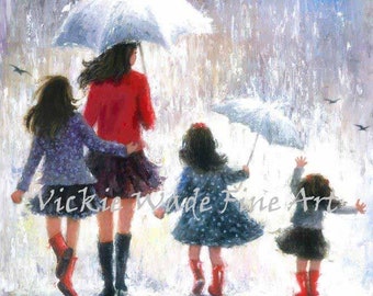 Mother Three Daughters Art Print, three girls, three sisters, 3 girls, mothers day gift, rain girls, mom in rain paintings, Vickie Wade art