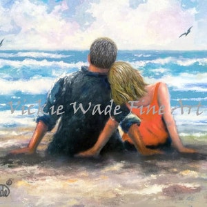 Beach Lovers Art Print: Romantic Couple Seascape Painting
