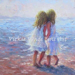 Two Sisters Beach Art Print beach girls, two beach girls, two blonde sisters, whispering, best friends, wall decor, ocean, Vickie Wade art