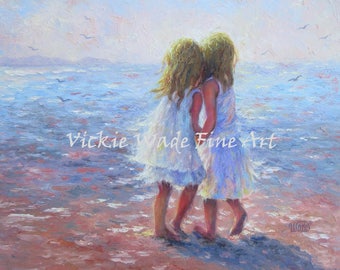 Two Sisters Beach Art Print beach girls, two beach girls, two blonde sisters, whispering, best friends, wall decor, ocean, Vickie Wade art