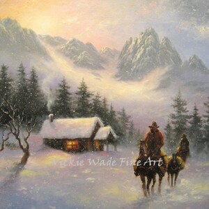 Snowy Mountain Cabin Cowboys Art Print cowboys sneeuwschilderijen, kunst aan de westelijke muur schilderijen, grijs, wintercowboys, paarden, Vickie Wade-kunst