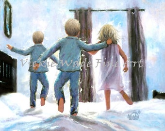 Three Children Jumping On the Bed Art Print, two boys and girl wall art, bedroom wall art, two brothers and sister, three kids, Vickie Wade