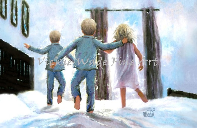 Three Children Jumping On the Bed Art Print, two boys and girl wall art, bedroom wall art, two brothers and sister, three kids, Vickie Wade image 1