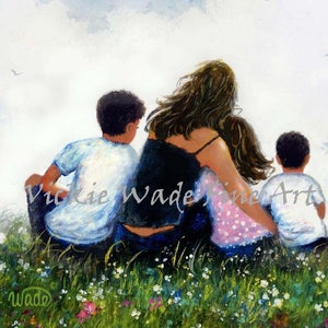 Mother Two Sons and Daughter Art Print, Hispanic, Latino mom mum three children, two boys and girl, mother three kids art, Vickie Wade Art