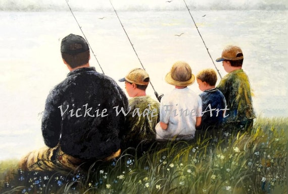 Father Four Sons Fishing Art Print, Four Boys Fishing, Four Kids