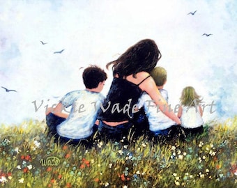 Mother Two Sons and Daughter Art Print, three children, two boys and girl, two brothers and sister, angel baby sister, Vickie Wade Art