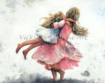 Two Sisters Twirling Art Print, two blonde girls playing, two daughters, big sister carrying little sis, pink girls room, Vickie Wade Art.