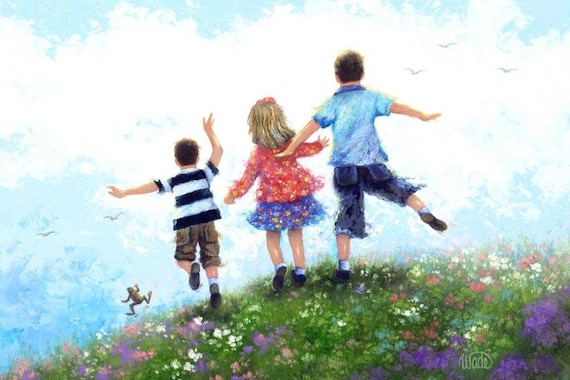 Three Children Art Print: Happy Kids Playing Outdoors, Vickie Wade