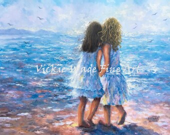Two Sisters Beach Art Print beach girls, two beach girls, brunette sister and curly blonde sister, whispering, ocean, Vickie Wade art
