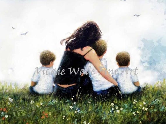 Mother and Three Sons Art Print: Brunette Mom, Twin Boys, Vickie