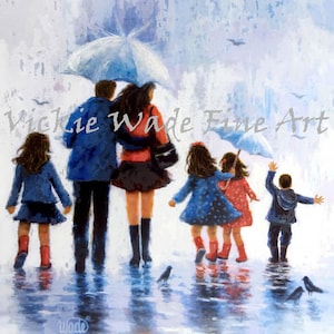 Rain Family Three Daughters and Son Art Print, Family mom, dad, three sisters and brother, walking in rain, three girls and boy, Vickie Wade image 2