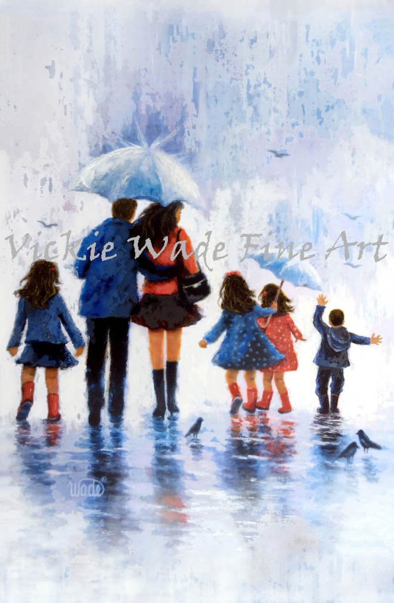 Rain Family Three Daughters and Son Art Print, Family mom, dad, three sisters and brother, walking in rain, three girls and boy, Vickie Wade image 2