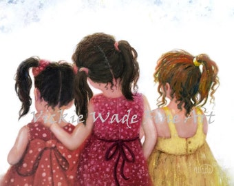 Three Sisters Art Print, dark brunette, brunette, redhead, three girls, three daughters, three girls wall art, mother gift, Vickie Wade art