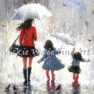 Mother and Two Daughters Art Print, two girls, mothers day gift, redhead girls, wall art, two sisters, umbrellas, mom, Vickie Wade art