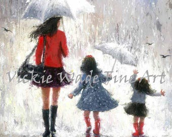 Mother and Daughters Art Print: Rainy Day Umbrellas, Redhead Option