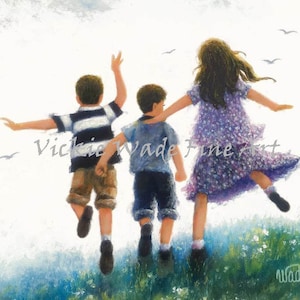 Three Children Leaping Art Print two boys and girl, two brothers and big sister, three happy kids outdoors, wall art, Vickie Wade art
