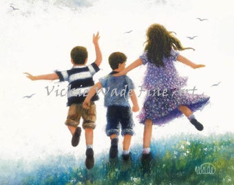 Three Children Leaping Art Print two boys and girl, two brothers and big sister, three happy kids outdoors, wall art, Vickie Wade art