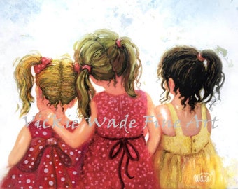 Three Sisters Art Print, three girls art, three daughters girls wall art, strawberry blonde, blonde, brunette hair, Vickie Wade art