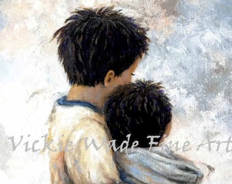 Two Brothers Hugging Art Print, two Asian boys, two Asian brothers, black hair, black hair Asian sons, loving brothers, Vickie Wade Art