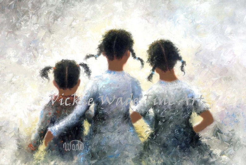 Three Sisters African American Art Print, Pigtails, three black sisters hugging, three black girls, three black daughters, Vickie Wade Art image 2