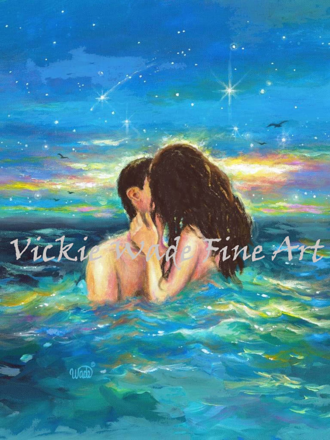 Girl in Sea Art Print Couple Kissing in Water Aqua Sexy picture