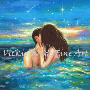 Girl in Sea Art Print, couple kissing in water, aqua, sexy lovers, beach decor, love, teal wall art, skinny dipping, romantic wall art image 1