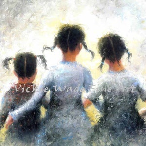 Three Sisters African American Art Print, Pigtails, three black sisters hugging, three black girls, three black daughters, Vickie Wade Art image 1