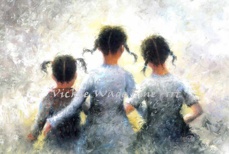 Three Sisters African American Art Print, Pigtails, three black sisters hugging, three black girls, three black daughters, Vickie Wade Art image 1