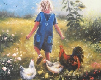 Blonde Girl Art Print, country girl and chickens, roosters painting, farm girl chickens sunflowers wall art, Vickie Wade Art