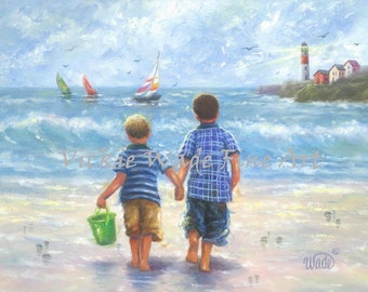 Two Beach Boys Art Print two little brothers, beach wall art boys room blue beach art lighthouse ocean nautical wall decor, Vickie Wade Art