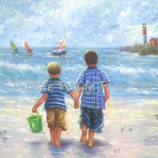 Two Beach Boys Art Print two little brothers, beach wall art boys room blue beach art lighthouse ocean nautical wall decor, Vickie Wade Art