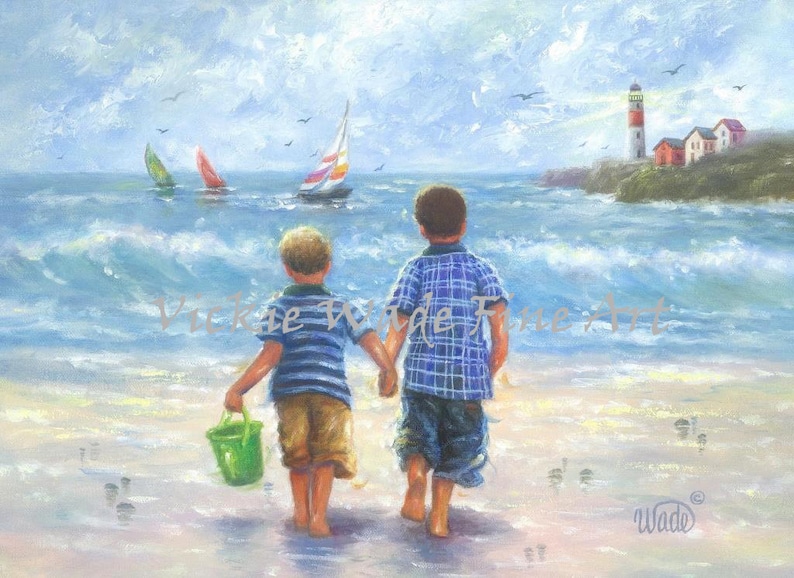 Two Beach Boys Art Print Two Little Brothers Beach Wall Art Etsy