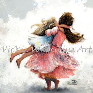 Two Sisters Art Print: Blonde & Brunette Girls Twirling