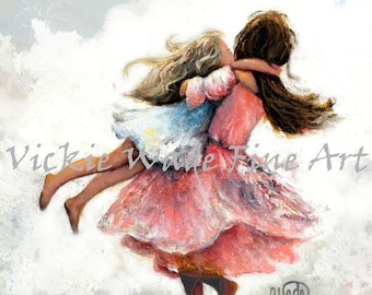 Two Sisters Art Print: Blonde & Brunette Girls Twirling